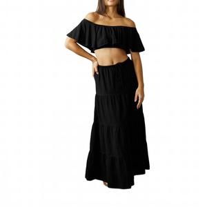 NEW BLANCO BY NATURE flowy long drawstring skirt in black